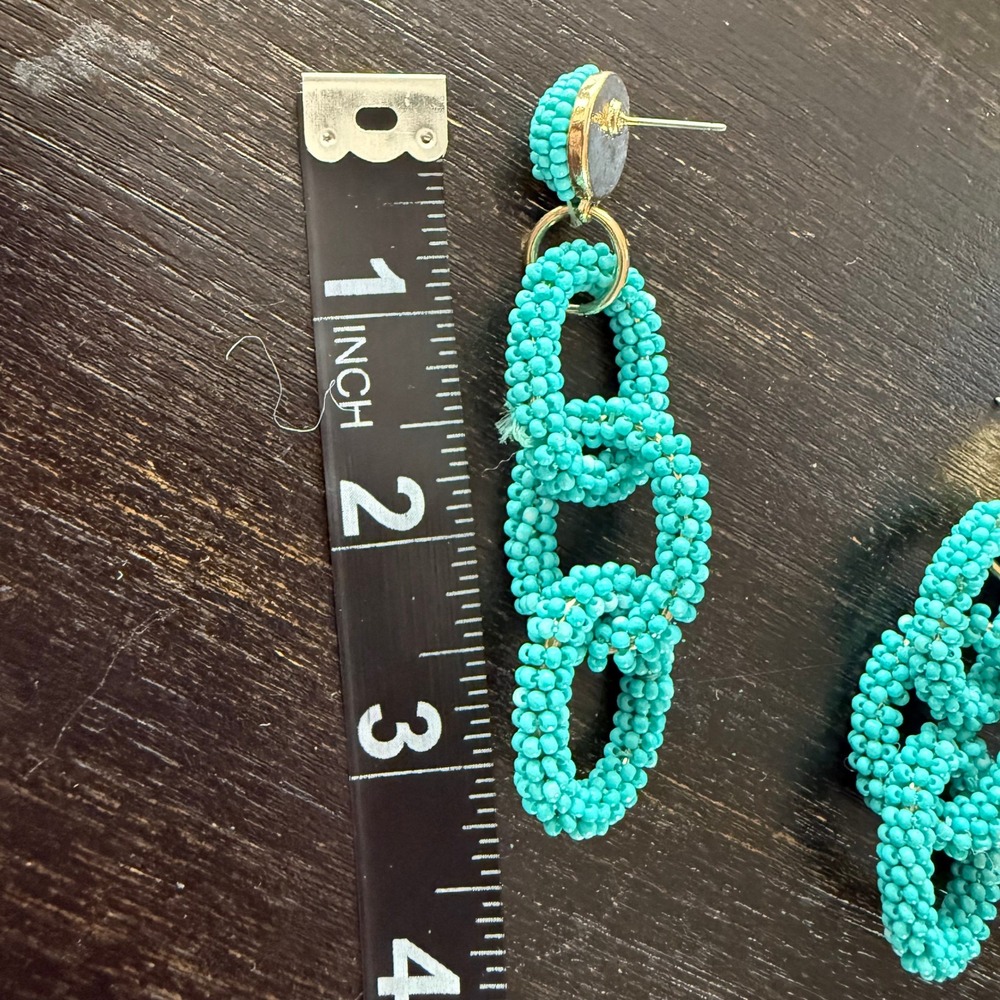 Turquoise Seed Bead Interlocking Chain Link Statement Drop Earrings Blue Boho - Picture 3 of 4